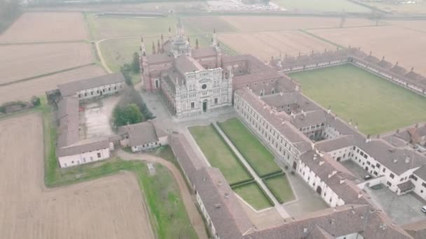 Luchtfoto Van Certosa Pavia Ochtend Gebouwd Late Veertiende Eeuw Rechtbanken — Stockvideo
