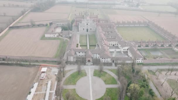 Luchtfoto Van Certosa Pavia Ochtend Gebouwd Late Veertiende Eeuw Rechtbanken — Stockvideo