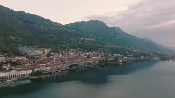 Aeriel View Lake Iseo Sunrise Left City Lovere Which Runs — Video Stock
