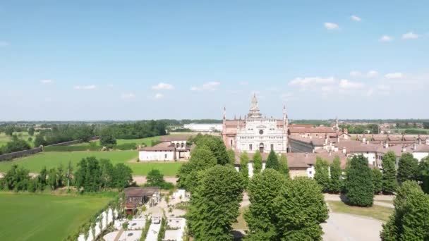Luchtfoto Van Certosa Pavia Zonnige Dag Gebouwd Late Veertiende Eeuw — Stockvideo