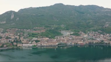 Aerial view of Lake Iseo and  the city of lovere which runs along the lake at morning,Bergamo Italy.