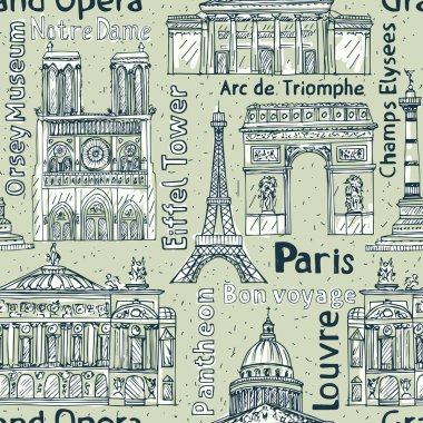 Paris işaretleri kusursuz vektör deseni. El yapımı Eyfel Kulesi, Notre de Paris, Zafer Takı, Büyük Opera, Pantheon