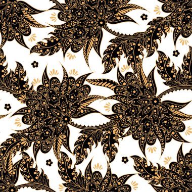 Hint tarzında kusursuz desenli beyaz çiçekler. Çiçek vektör arkaplanı