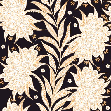 Hint tarzında kusursuz desenli beyaz çiçekler. Çiçek vektör arkaplanı