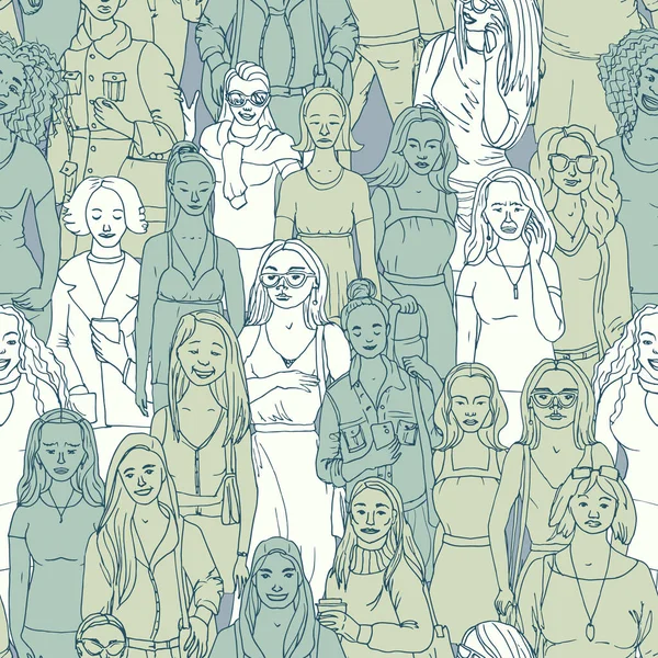 Illustrazione Vettoriale Senza Soluzione Continuità Della Folla Donne Sfondo Disegnato — Vettoriale Stock