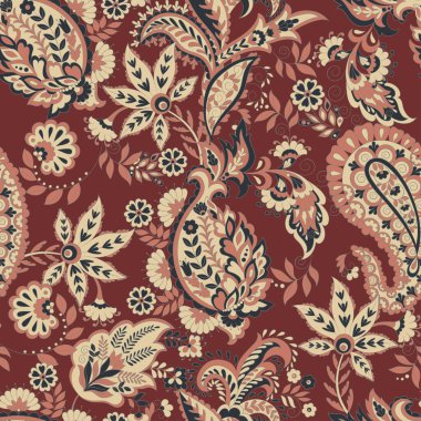 Paisley ve klasik çiçeklerin dikişsiz desenleri. Etnik çiçek vektör arkaplanı