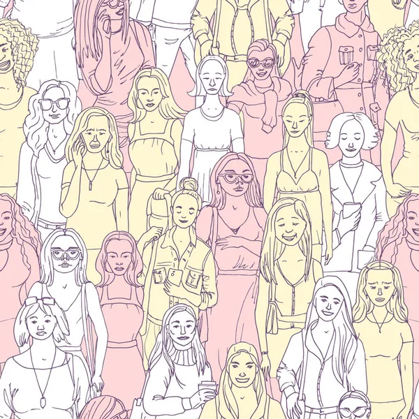 Illustrazione Vettoriale Senza Soluzione Continuità Della Folla Donne Sfondo Disegnato — Vettoriale Stock