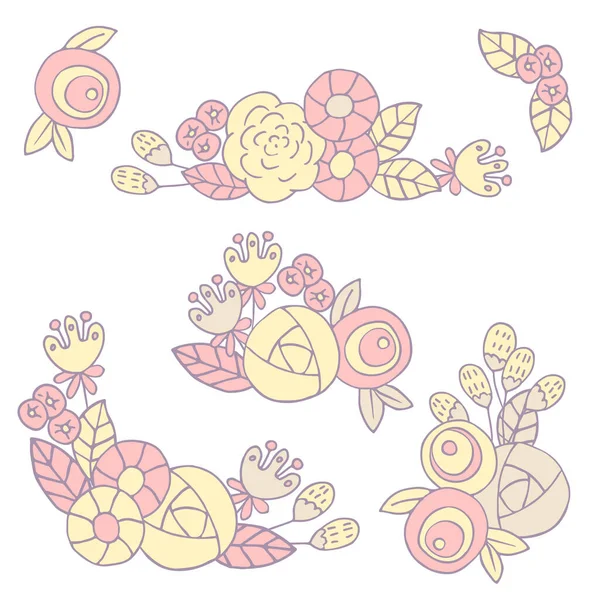 Conjunto Flores Hojas Colección Vectorial Con Hojas Flores Dibujo Mano — Vector de stock