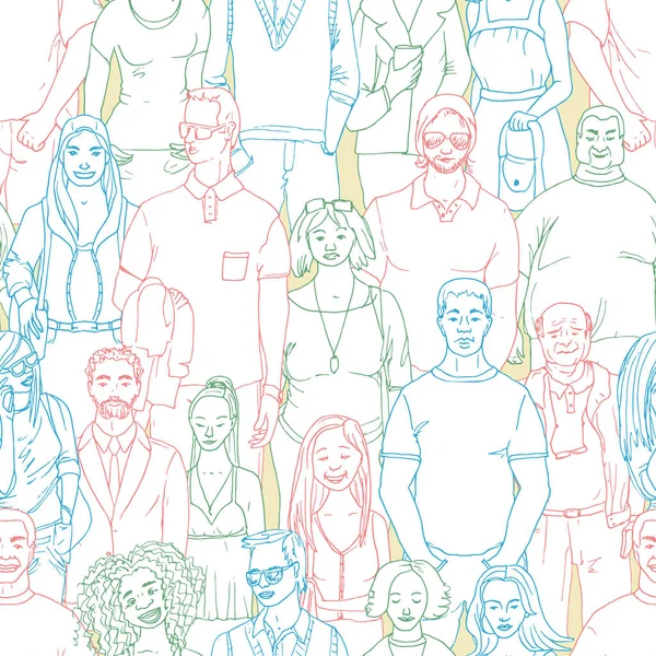 Senza Soluzione Continuità Illustrazione Vettoriale Della Folla Persone Sfondo Disegnato — Vettoriale Stock