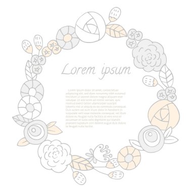 Doodle Leaf ve Flowers yuvarlak çerçeveli. Davetiye kartları için el çizilmiş çelenklerin vektör illüstrasyonu, tarihi ve düğün kartı tasarımını kaydet.