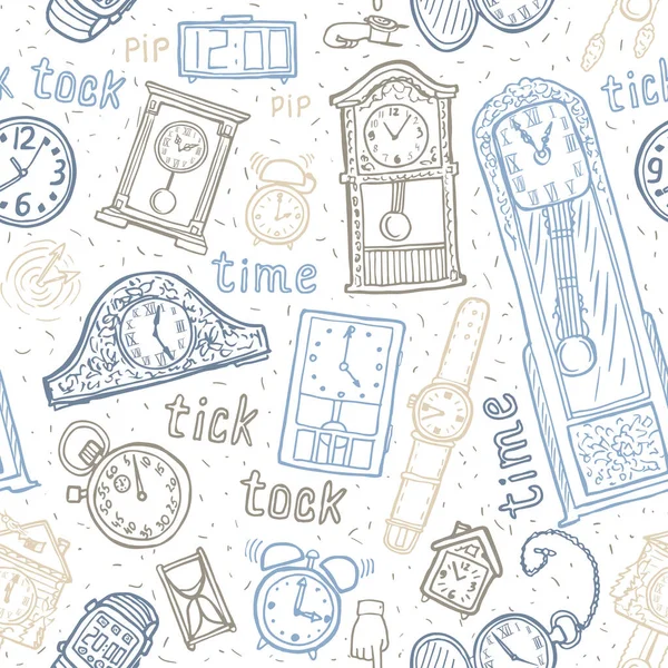 Relojes Sin Costura Fondo Vector Símbolos Tiempo Ilustración Dibujada Mano — Archivo Imágenes Vectoriales
