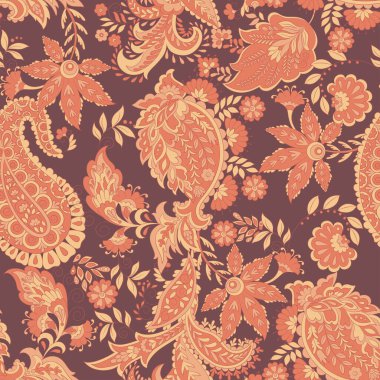 Paisley ve klasik çiçeklerin dikişsiz desenleri. Etnik çiçek vektör arkaplanı