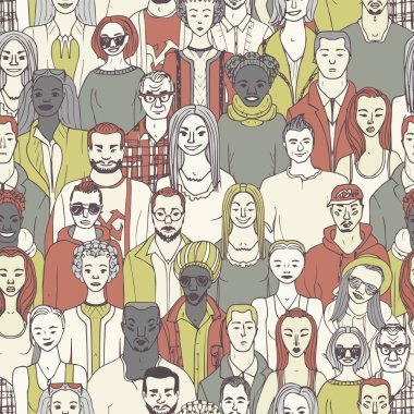 Kalabalık insan. Elle çizilen insanların kusursuz vektör deseni