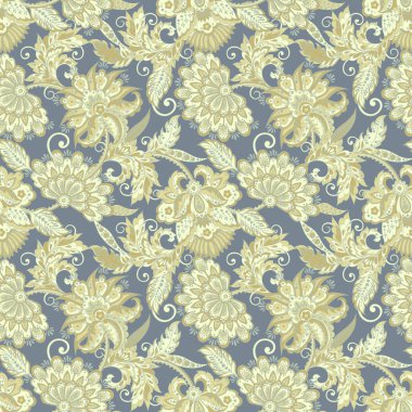 Etnik çiçeklerle kusursuz bir düzen. Asya tekstil tarzında Vektör Çiçek İllüstrasyonu