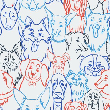 Köpekler kusursuz vektör deseni. Bulldog, kısa kuyruk, dachshund, bullterrier, doberman, spitz, chihuahua