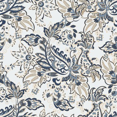 Paisley vektör kusursuz desen. Muhteşem çiçek, yapraklar. Tekstil bohem baskısı. Batik boyama. Eski model.