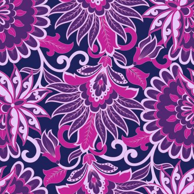 Çiçeksel vektör pürüzsüz desen. Muhteşem çiçek, yapraklar. Tekstil bohem baskısı. Batik resim. Eski