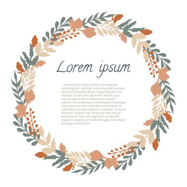 Yaprak, meyve ve çiçek renkli siluetleri kare yuvarlak. Elle çizilmiş doğal çelenk davetiye, düğün kartı tasarım tarihi kaydetmek için vektör çizim.