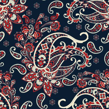 Paisley vektör kusursuz desen. Muhteşem çiçek, yapraklar. Tekstil bohem baskısı. Batik resim. 