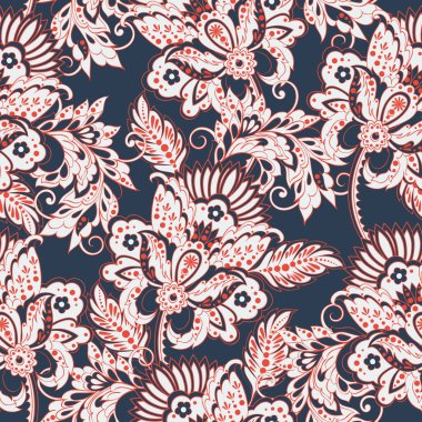 Etnik çiçeklerle kusursuz bir düzen. Asya tekstil tarzında Vektör Çiçek İllüstrasyonu