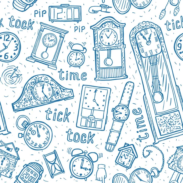 Relojes Sin Costura Fondo Vector Símbolos Tiempo Ilustración Dibujada Mano — Vector de stock