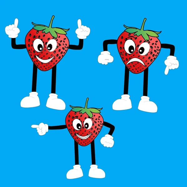 Değişik karakter şekilleri ve mavi arkaplanı olan şirin bir çilek çizgi filminin vektör çizimi