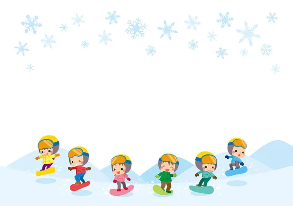 Illustration Little Children Snowboarding Slope — Stock Vector