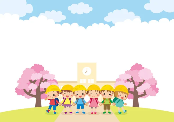 Illustration Elementary School Children Standing Front School Building Holding Hands — Vector de stock