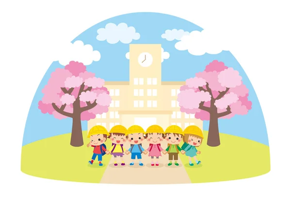 Illustration Elementary School Student Standing Front School Cherry Blossoms Holding — Archivo Imágenes Vectoriales