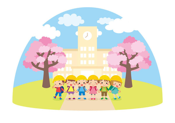 Illustration of an elementary school student standing in front of a school with cherry blossoms. They are holding hands.