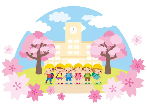 Illustration Elementary School Student Standing Front School Cherry Blossoms Holding — Vettoriale Stock