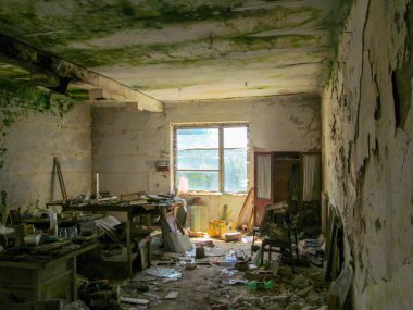 Duvarlarında çöp ve mantar olan terk edilmiş eski bir ev.