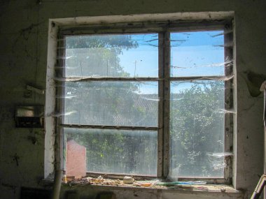 Duvarlarında çöp ve mantar olan terk edilmiş eski bir ev.