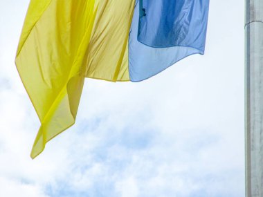 Ukrayna 'nın sarı ve mavi bayrağı bulutlu bir havada parktaki bayrak direğinde