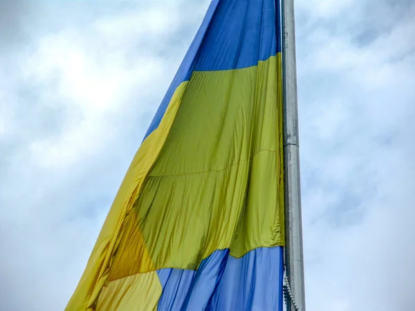 Żółto Niebieska Flaga Ukrainy Maszcie Flagowym Parku Pochmurną Pogodę — Zdjęcie stockowe