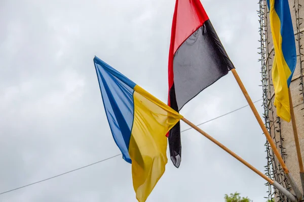 Žlutá Modrá Vlajka Ukrajiny Červená Černá Vlajka Ukrajinské Povstalecké Armády — Stock fotografie