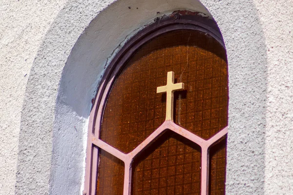 Vidro Manchado Amarelo Janela Igreja Católica Grega Ucraniana — Fotografia de Stock