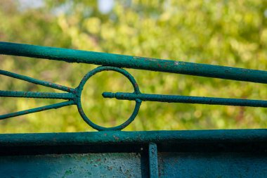 Yeşil metal dövmeli demir kapı ya da çiftlikte bir karga