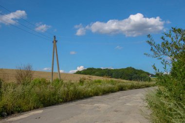 Ağustosta güzel bir manzara, yani orman ve tarlalı mavi gökyüzü.