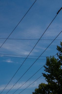 Gökyüzü arkaplanındaki elektrik hatları