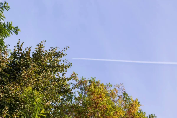 Голубое Осеннее Небо Следами Самолетов — стоковое фото