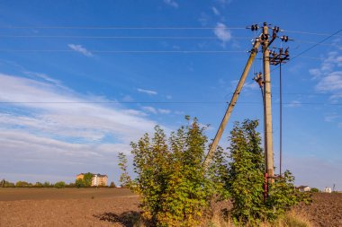 Tarlada sonbahar manzarası. Bahçedeki elektrik hatlarının direği..