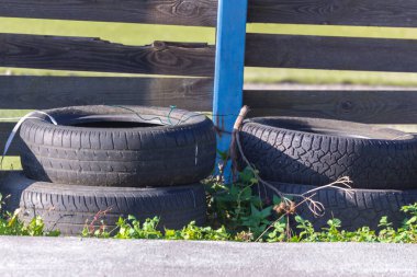 Lastik araba lastikleri çimlerin arasındaki parkta.