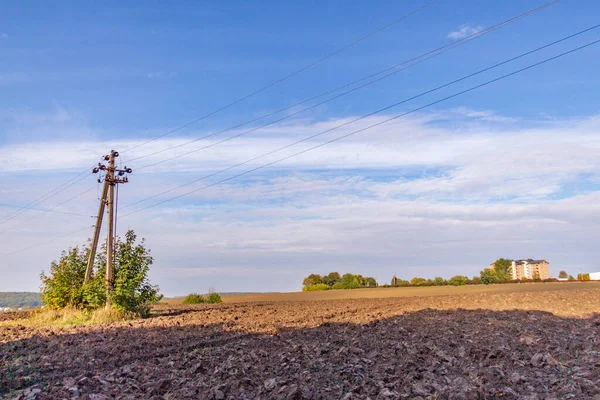 Tarlada Sonbahar Manzarası Bahçedeki Elektrik Hatlarının Direği — Stok fotoğraf