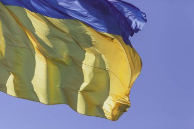 Ukrayna 'nın sarı ve mavi bayrağı bayrak direğinde dalgalanır rüzgarda