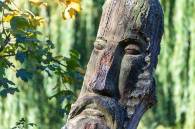 Parktaki bilge askerin ahşap heykeli.