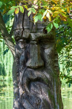 Parktaki bilge askerin ahşap heykeli.