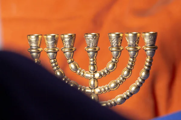 Єврейський Ритуал Золотий Семисвічник Честь Святкування Хануки Єврейського Нового Року — стокове фото