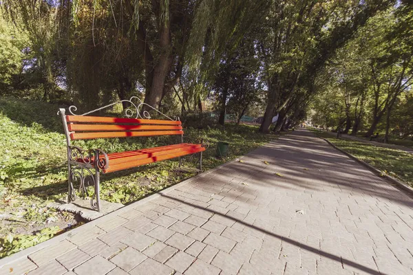 十月秋天公园里的木制长椅 — 图库照片