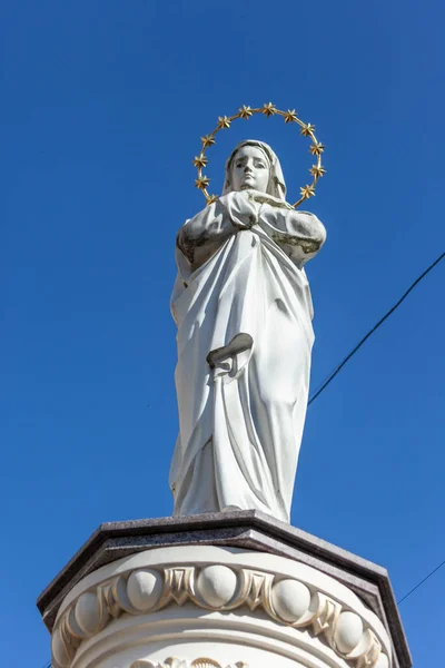 Skulptur Der Gottesmutter Mit Goldenem Heiligenschein Und Sternen Auf Dem — Stockfoto